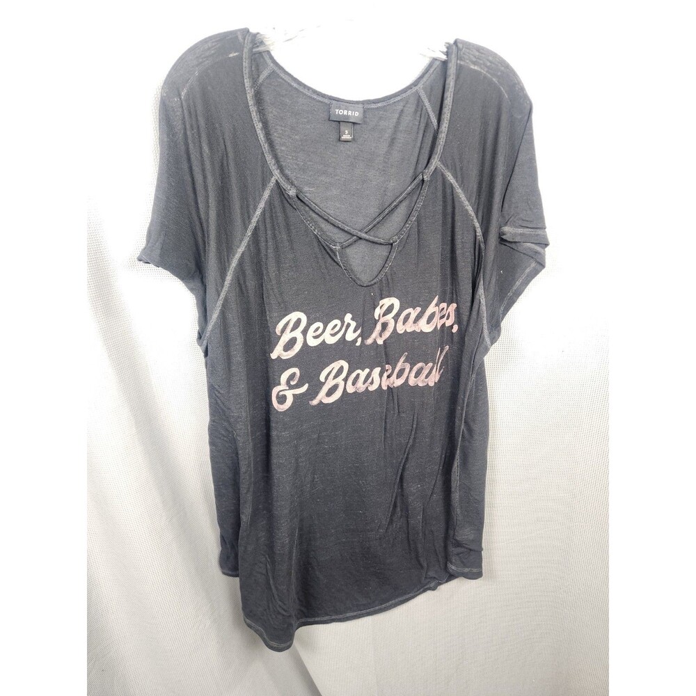 TORRID Beer Babes & Baseball Charcoal Grey Burnout Crisscross Tee Size 3x Top‎